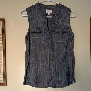 Caslon 100% Linen Sleeveless Blue/ Red Striped Button Up Front Shirt Size PXXS